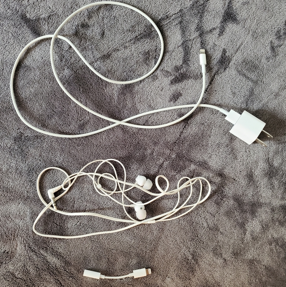 Iphone charger, Headphones, and ear plug adapter